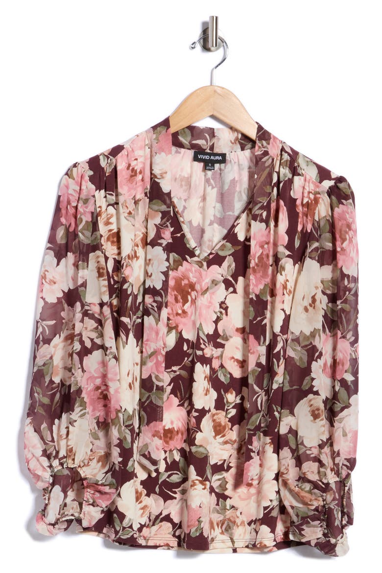 Mix Media Tie Neck Top, Main, color, BRN/ PCH/ OLV