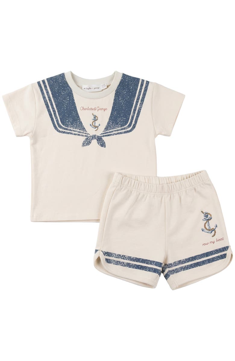 Charlotte & George Sailor Collar Printed 2 Piece Short Sleeve Top and Shorts Set, Main, color, Cream