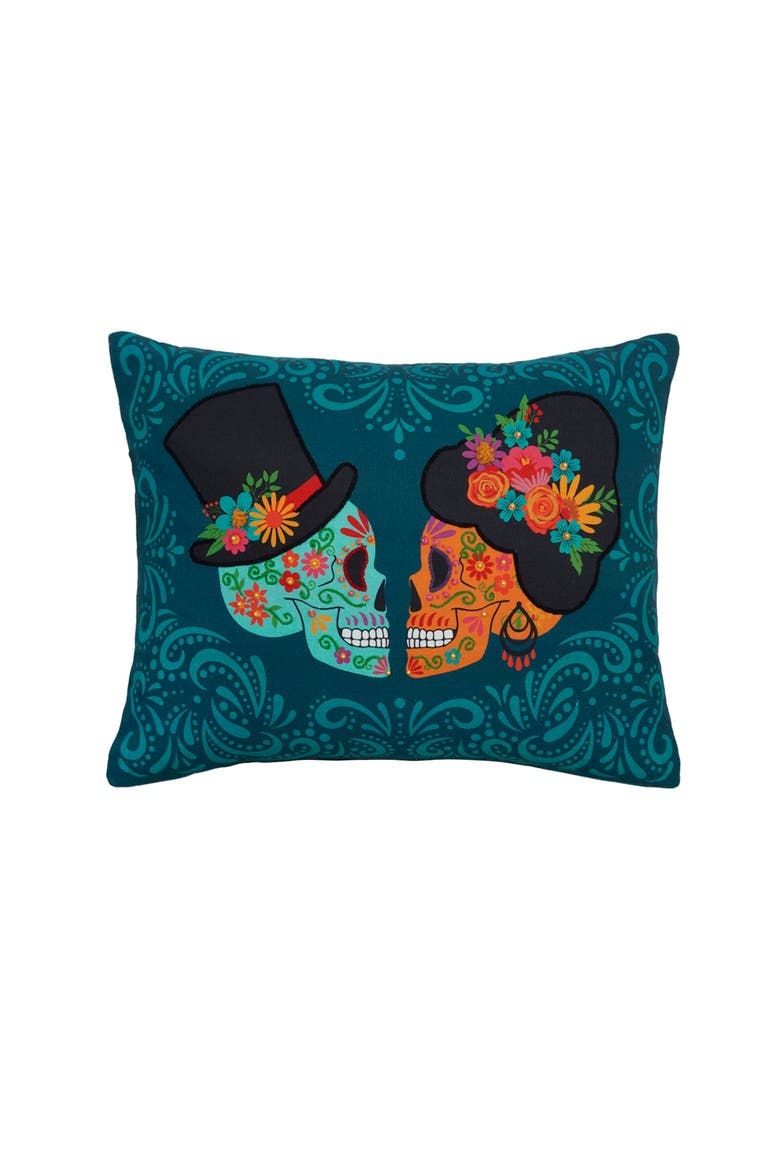 Sugar Skeleton Couple Cotton Blend Aqua Accent Throw Pillow 14" x 18", Main, color, Green
