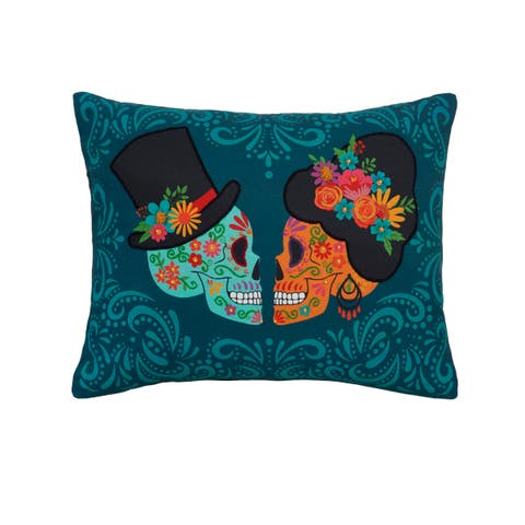 Sugar Skeleton Couple Cotton Blend Aqua Accent Throw Pillow 14" x 18"