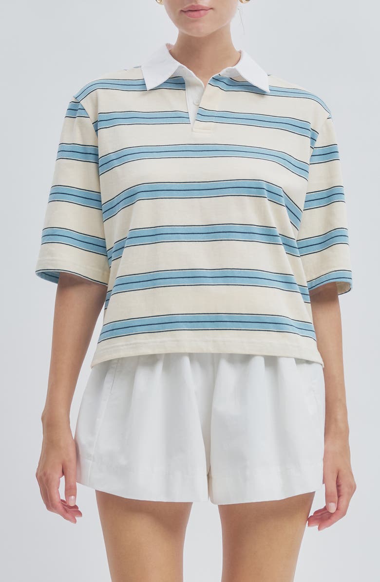 MAUDE CLUB Frankie Stripe Stretch Cotton Polo, Main, color, White Light Blue Stripe