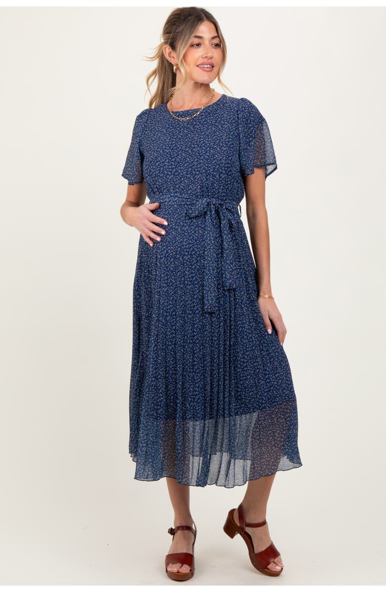 PinkBlush Leaf Print Pleated Midi Dress, Alternate, color, Navy Blue