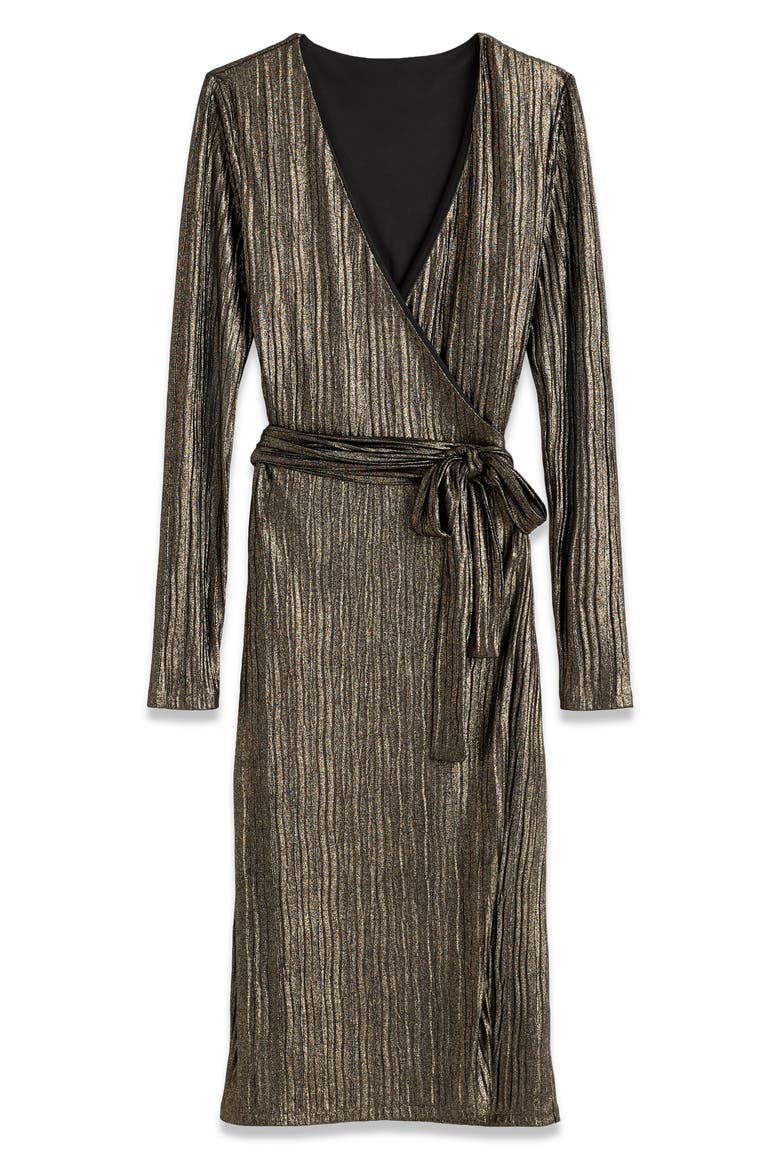 Pleated Metallic Wrap Dress, Alternate, color, BLACK/ GOLD