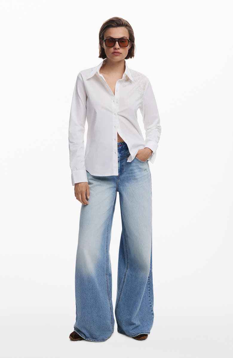 Desigual Embroidered Long Sleeve Stretch Cotton Button-Up Shirt, Alternate, color, White/ Light Beige