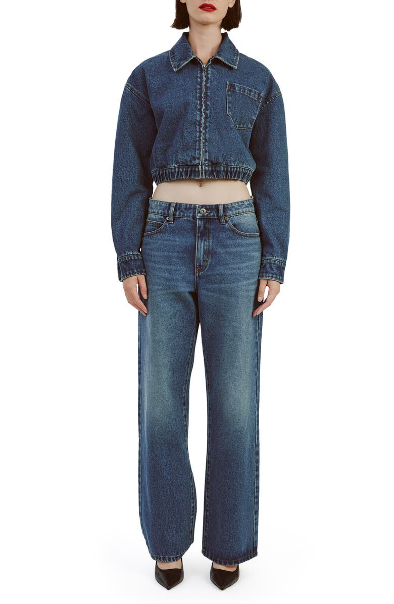 Bardot Crop Denim Bomber Jacket, Alternate, color, Washed Indigo