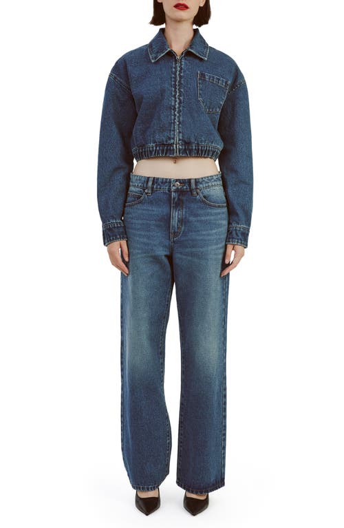 Bardot Crop Denim Bomber Jacket In Washed Indigo