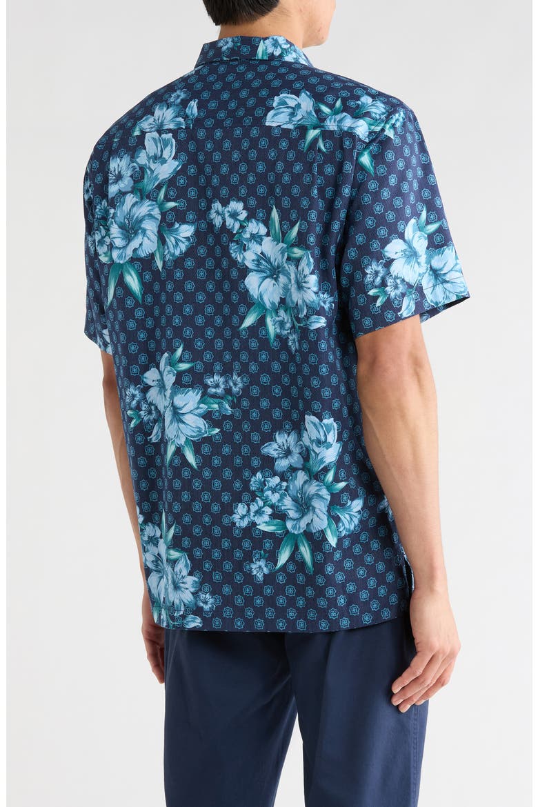 Medallion Blooms Short Sleeve Silk Button-Up Shirt, Alternate, color, MAJOLICA BLUE