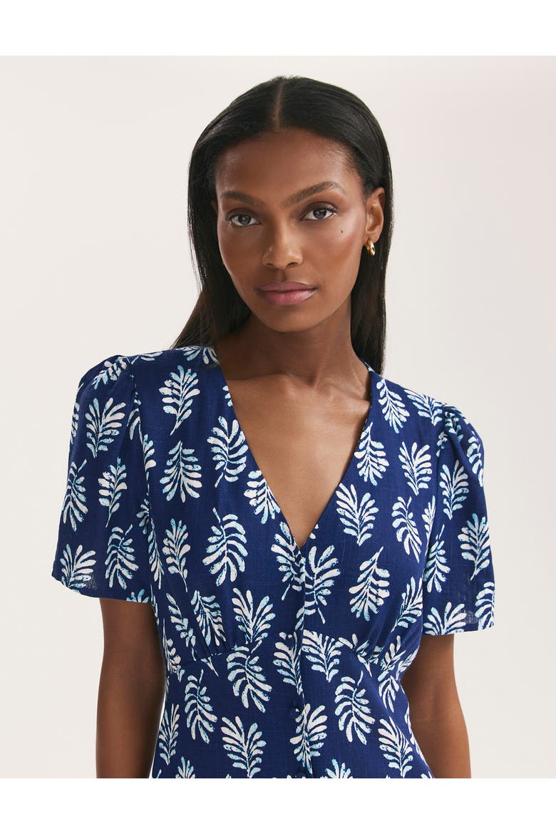 Martina Printed Crepe Midi Dress, Alternate, color, Navy Woodblock