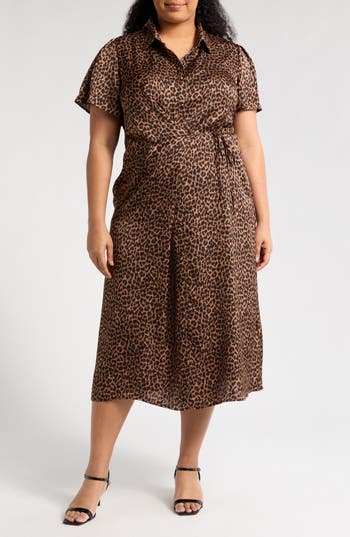 Nordstrom Rack Short Sleeve Wrap Dress In Brown- Black Leopard