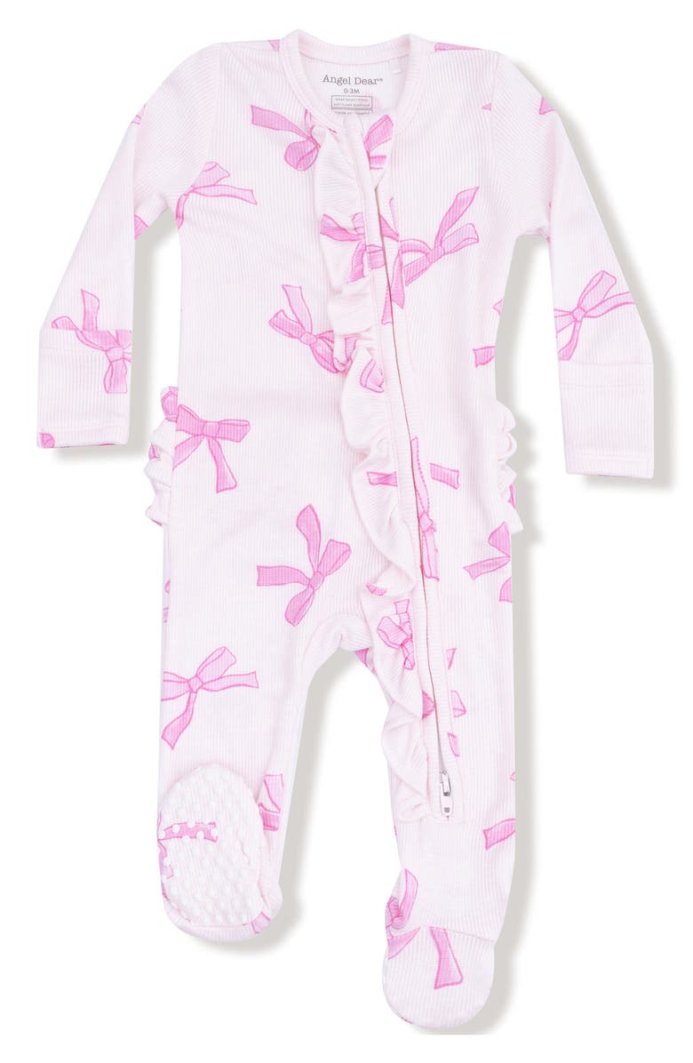 Angel Dear Pretty Bows Ruffle Zip Footie, Main, color, Light Pink