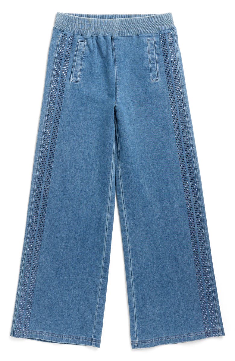 Tractr Kids' Rhinestone Side Stripe Wide Leg Knit Jeans, Main, color, Medium Indigo