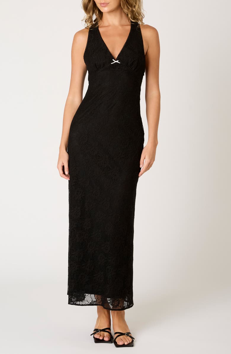 Nia Tasha Cross Back Stretch Cotton Blend Lace Dress, Alternate, color, Black