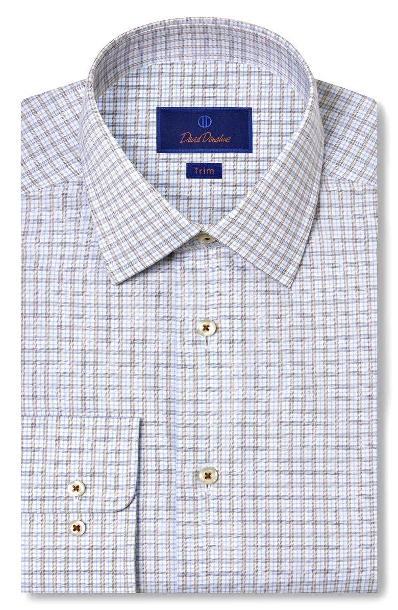 David Donahue Trim Fit Twill Check Dress Shirt, Main, color, Sky/ Chocolate
