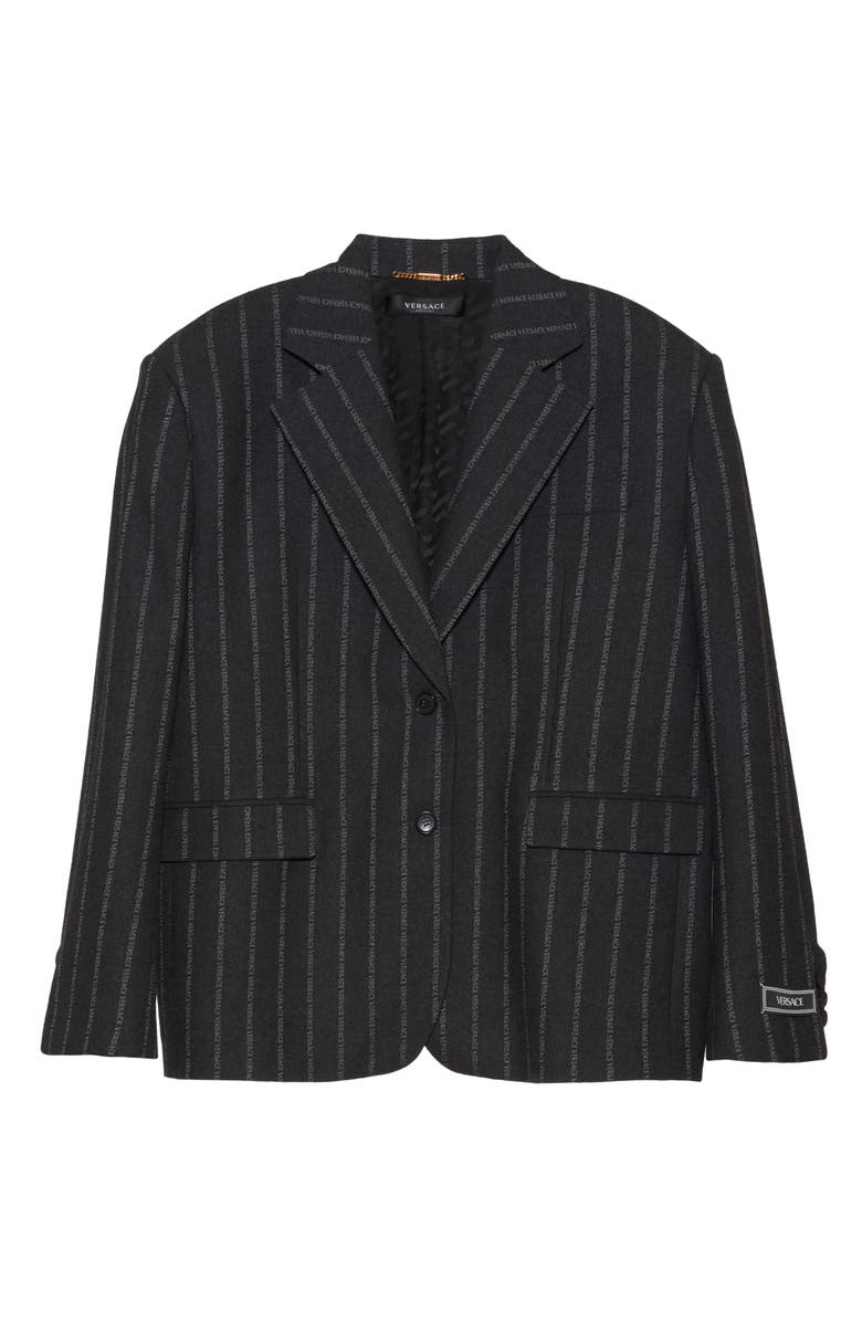 Versace Logo Pinstripe Oversize Single Breasted Virgin Wool & Cotton Blazer, Alternate, color,