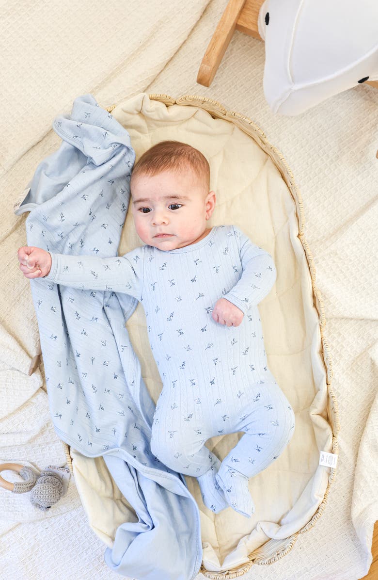 Manière Pointelle Leaves Footie & Hat Set, Alternate, color, Baby Blue