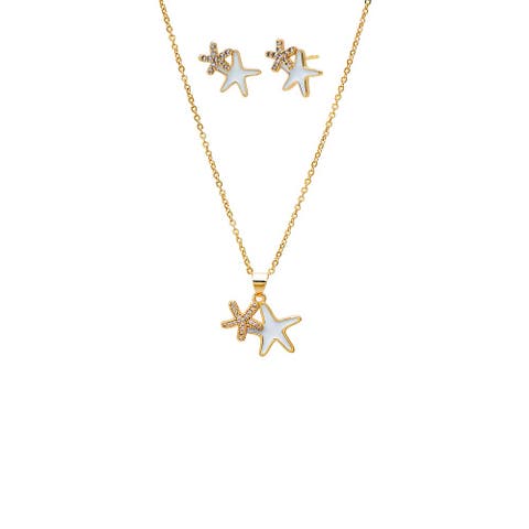 Enamel Double Starfish Earring & Necklace Combo Set