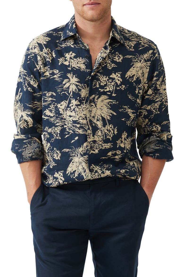 Livingstone Original Fit Tropical Print Linen Button-Up Shirt, Main, color, MIDNIGHT SAND