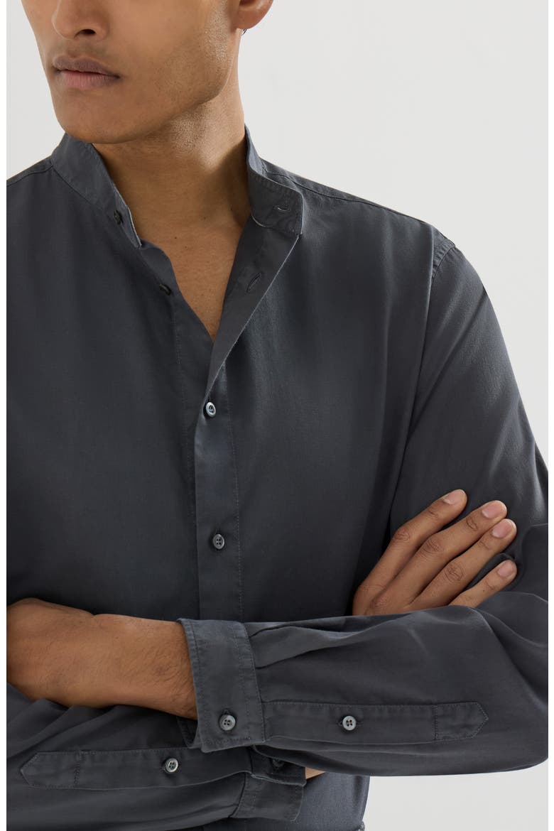 Garment-dyed shirt in cotton twill with Mandarin collar, Alternate, color, Anthracite