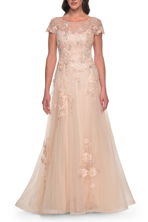 La Femme Tulle And Lace A-line Dress With Illusion Neckline And Short Sleeves In Champagne