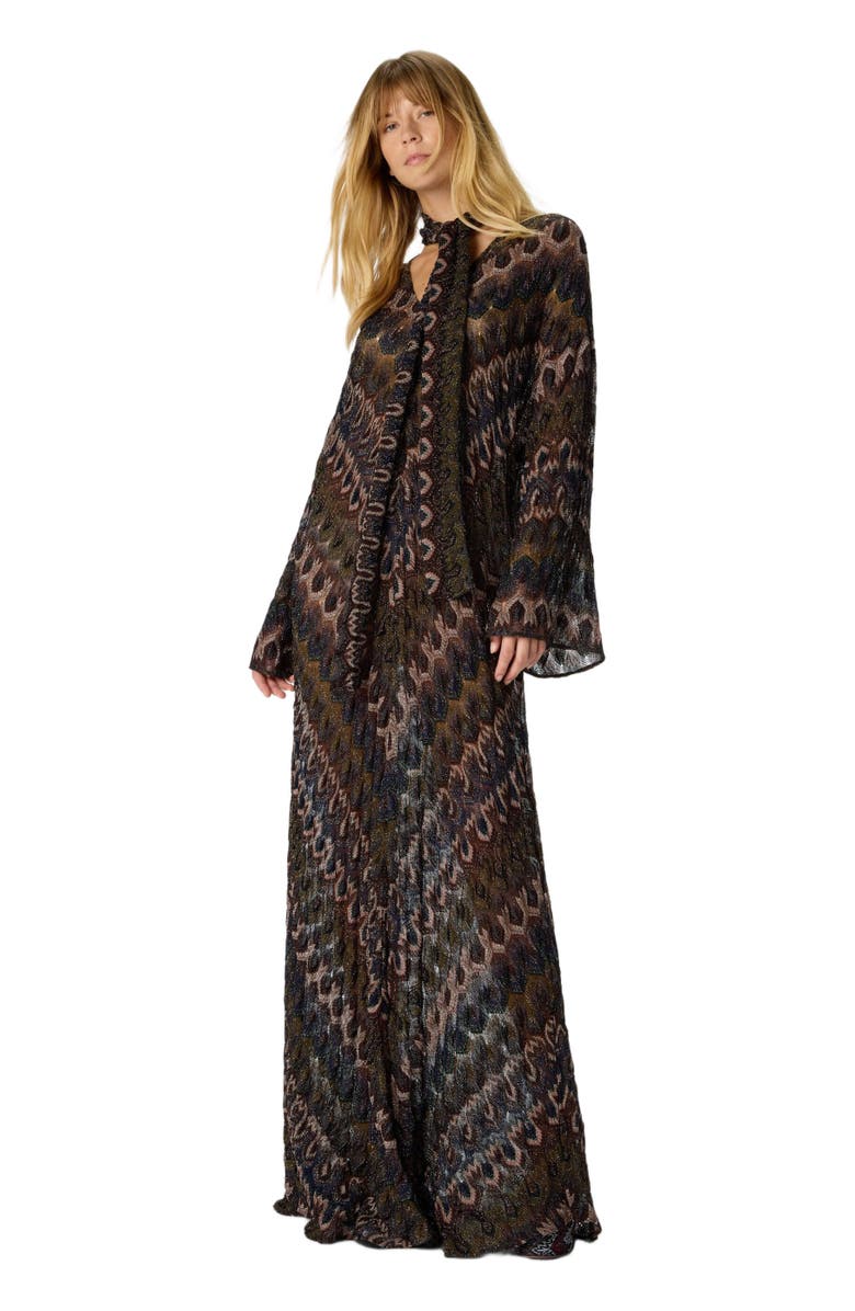 Missoni Long Lamé Viscose Dress With Removable Sash, Main, color, Green& Brown