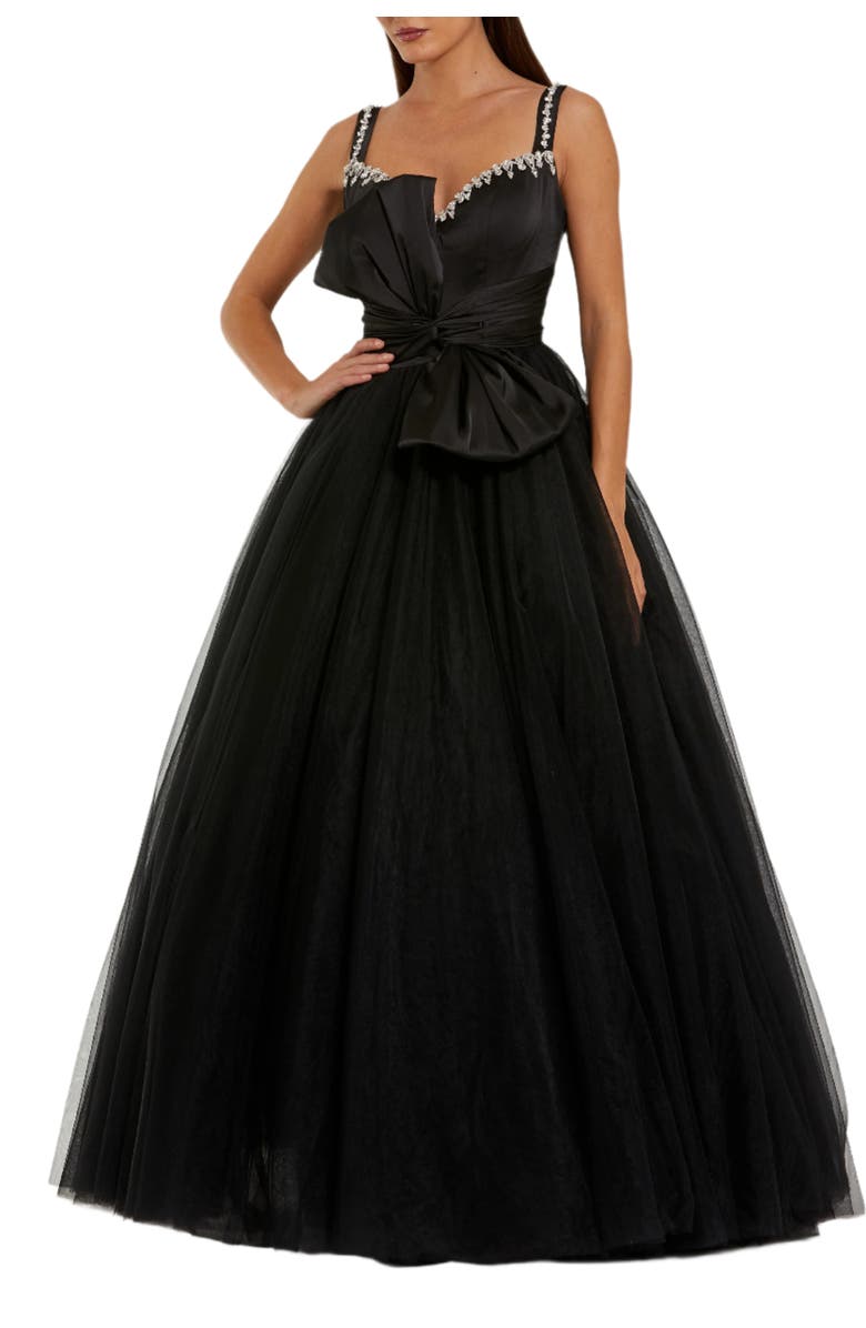 Mac Duggal Sleeveless Tulle Sweetheart Neck Ballgown With Bow, Main, color, Black