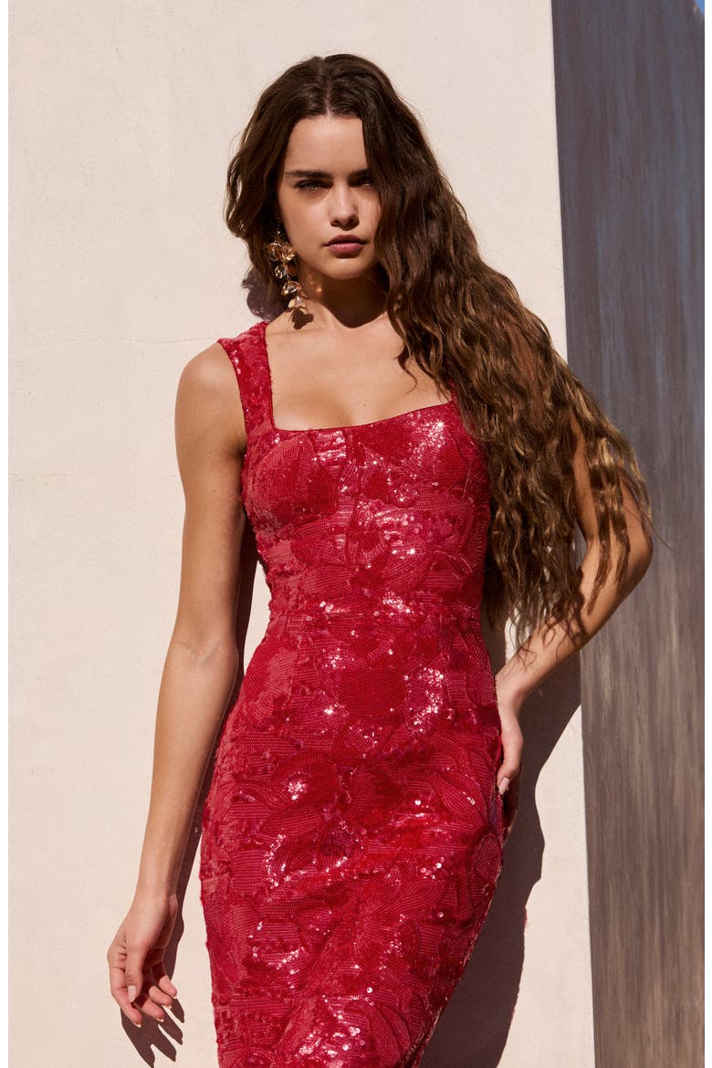 Iris Floral Sequin Gown, Alternate, color, STRAWBERRY