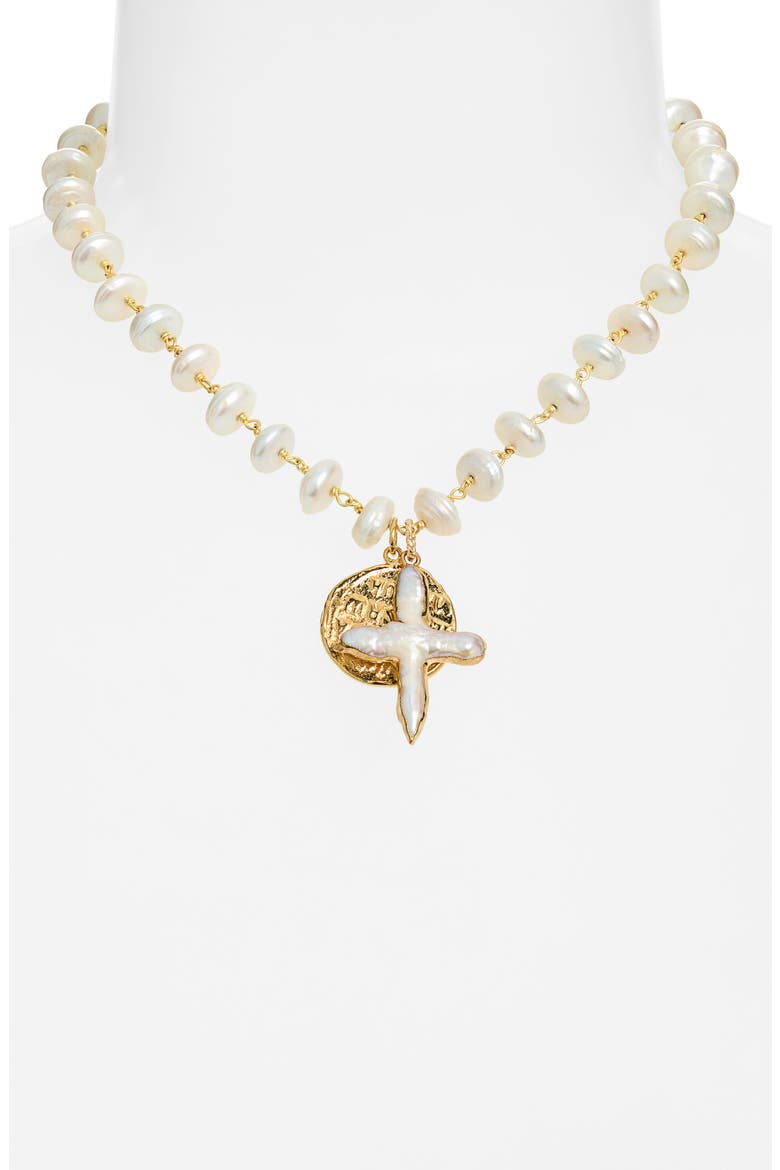 El Mar Imitation Pearl Cross Necklace, Alternate, color, GOLD