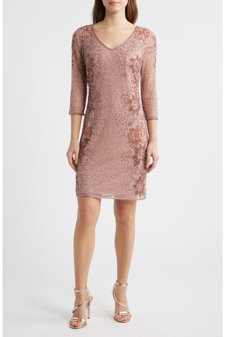 Beaded V-Neck Cocktail Dress, Main, color, DUSTY ROSE