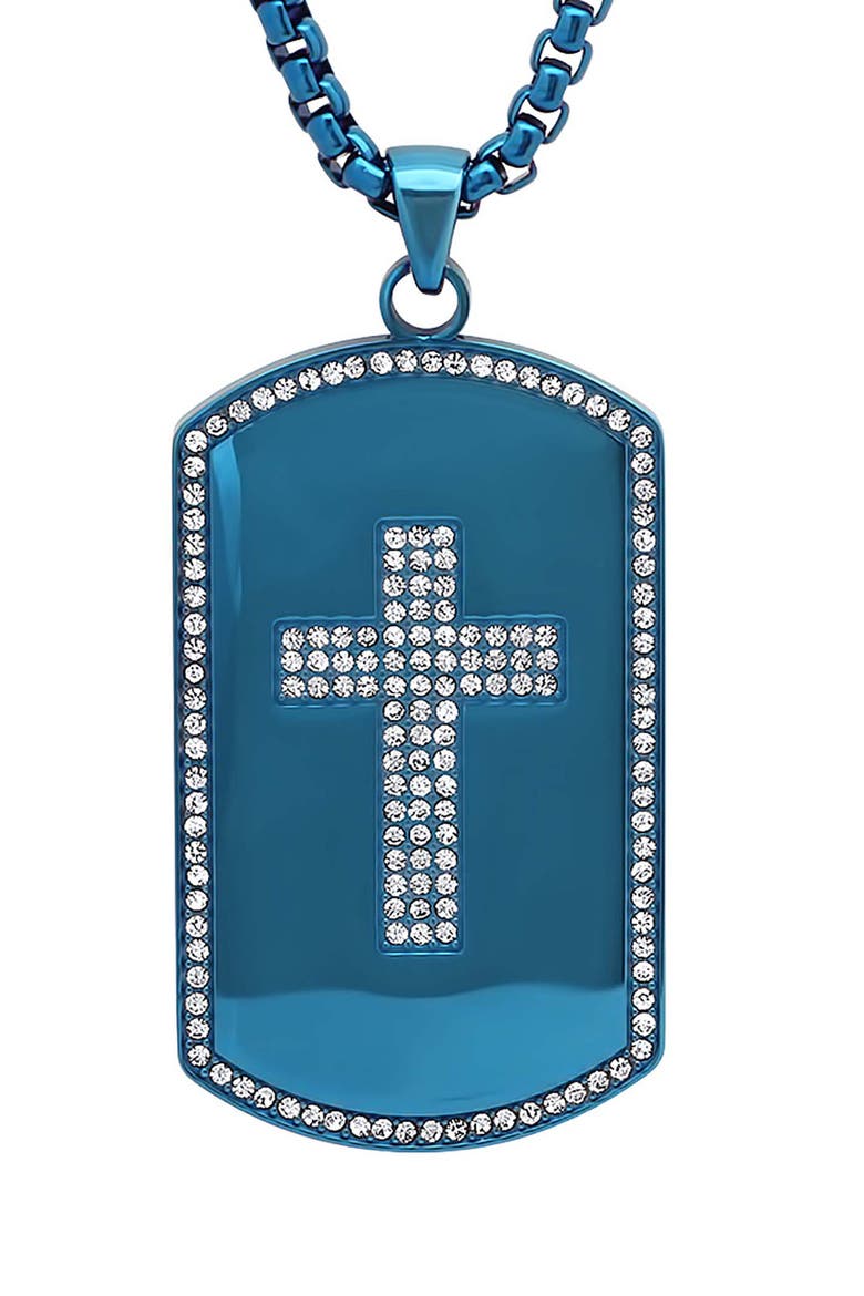 Men's 18k Gold Plated Crystal Cross Dog Tag Necklace, Main, color, BLUE