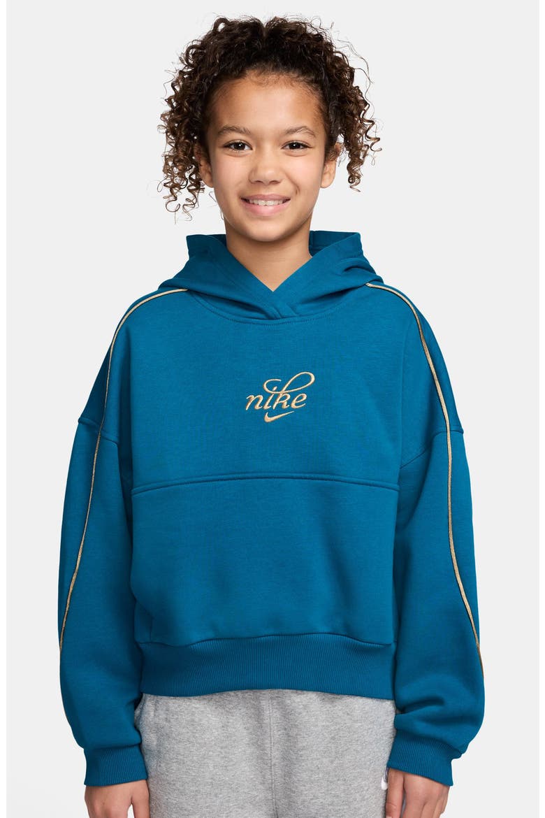 Kids' Relaxed Fit Cotton Blend Fleece Hoodie, Main, color, GREEN ABYSS/ METALLIC GOLD