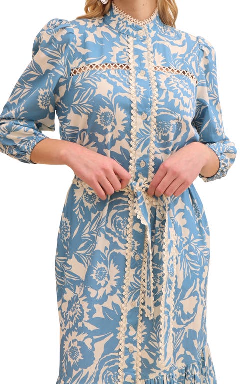 Avec Les Filles Floral Print Long Sleeve Cotton Poplin Dress In Blue Vintage Floral