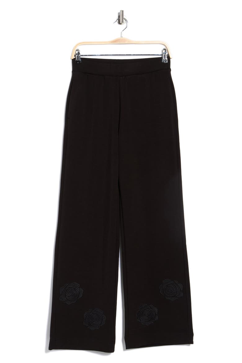 Rose Embroidered Scuba Knit Pants, Alternate, color, BLACK
