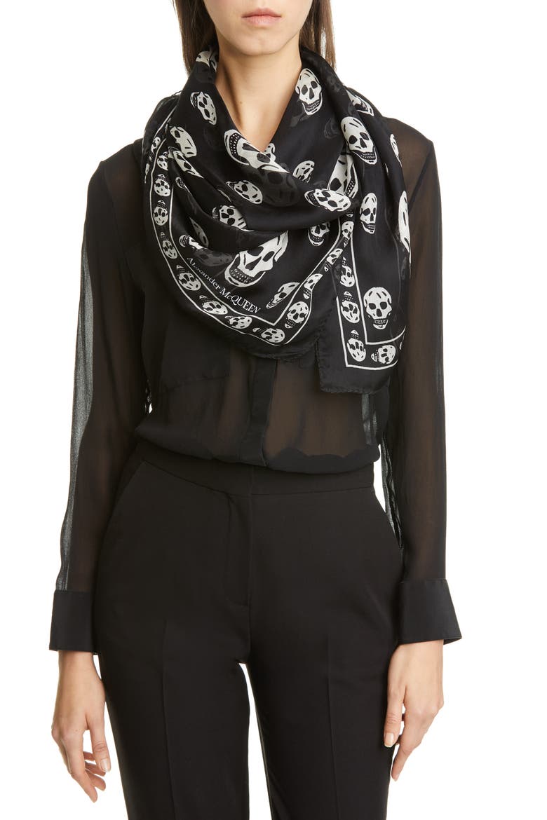 Alexander McQueen Skull Silk Scarf, Alternate, color, BLACK/ IVORY