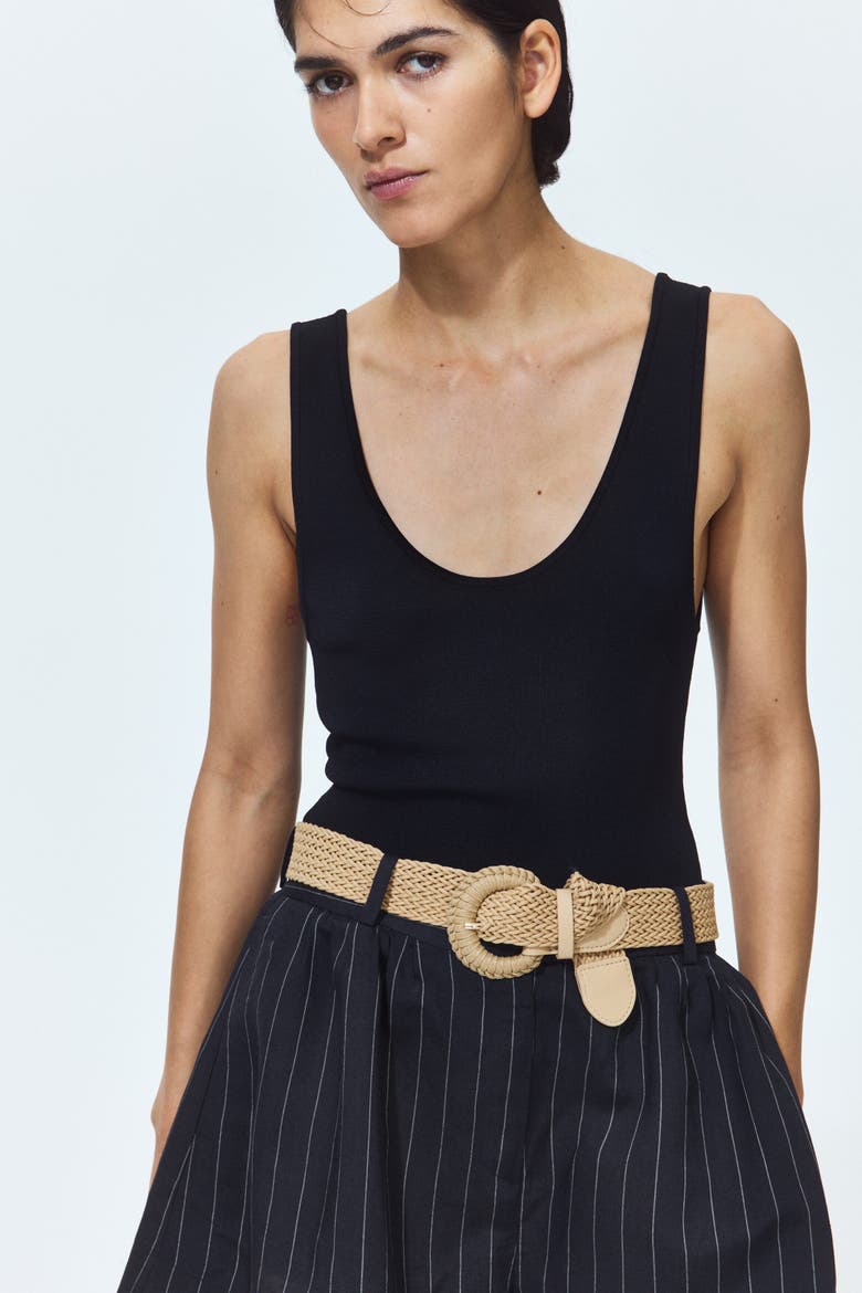 Belted Linen-blend Shorts, Alternate, color, Navy blue/pinstriped