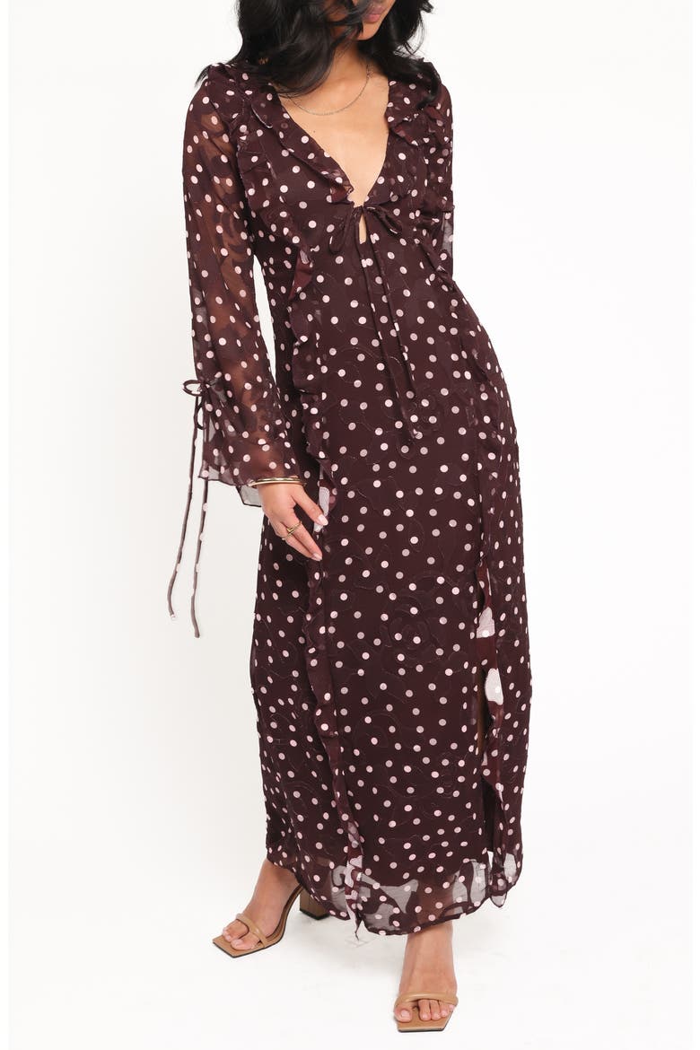 Delta Polka Dot Plunge Neck Maxi Dress, Main, color, PLUM POLKA DOT