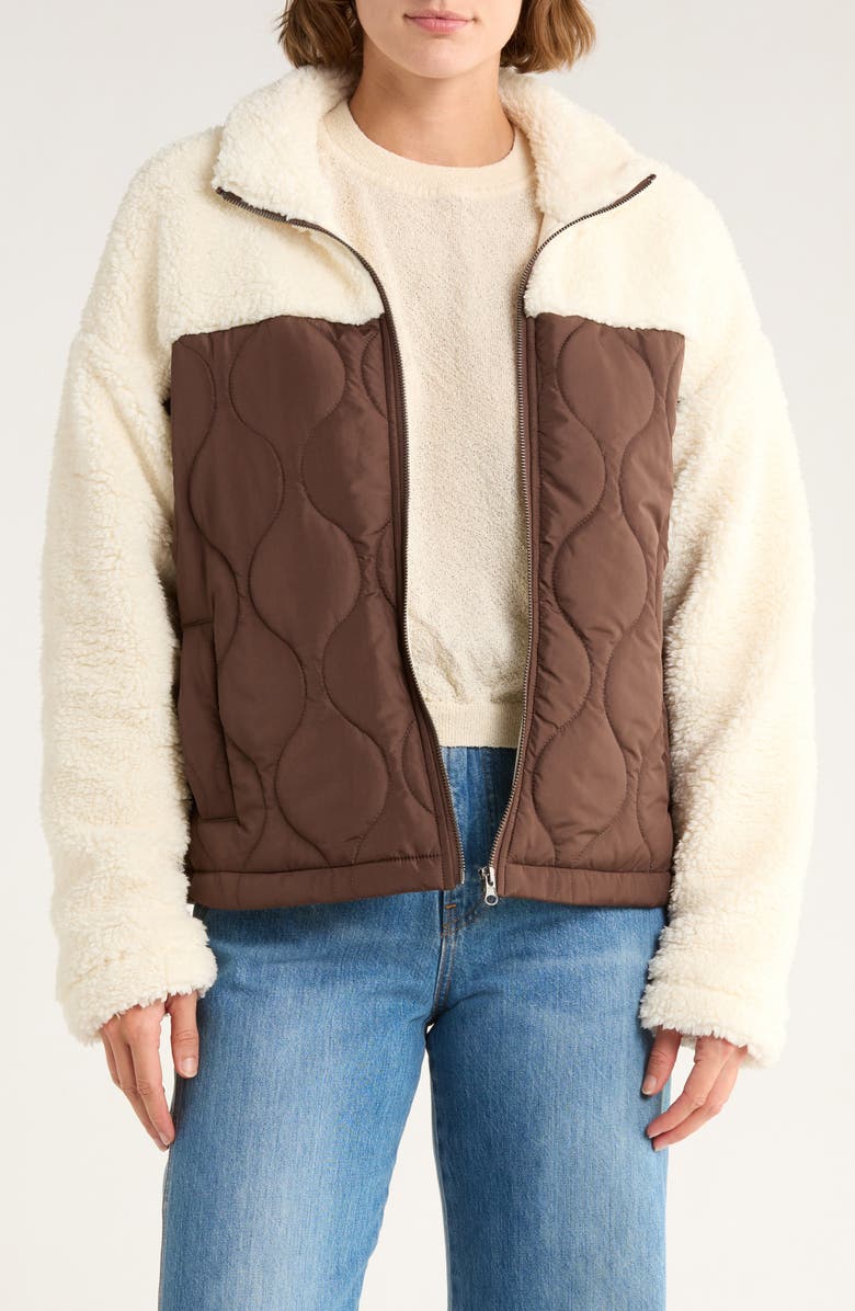 Thread & Supply Mixed Media Fleece & Quilted Panel Zip Jacket, Main, color, Chocolate Milk