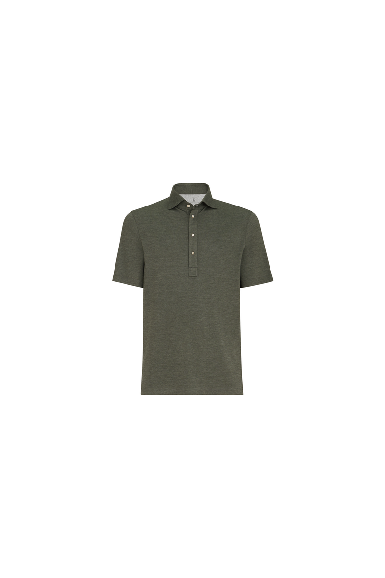Virgin wool, silk and cotton piqué polo shirt with spread collar, Alternate, color, Military