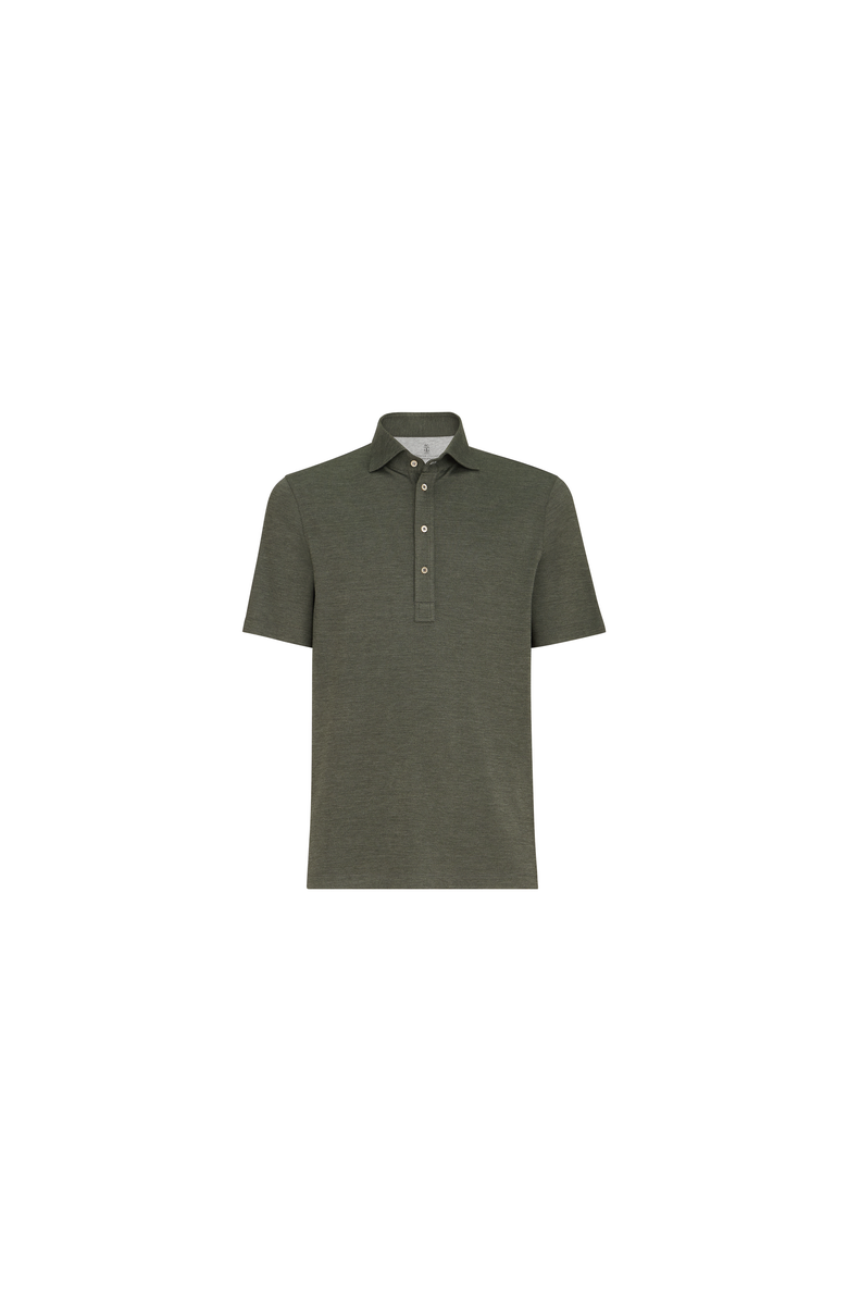 Brunello Cucinelli Virgin wool, silk and cotton piqué polo shirt with spread collar, Alternate, color, Military