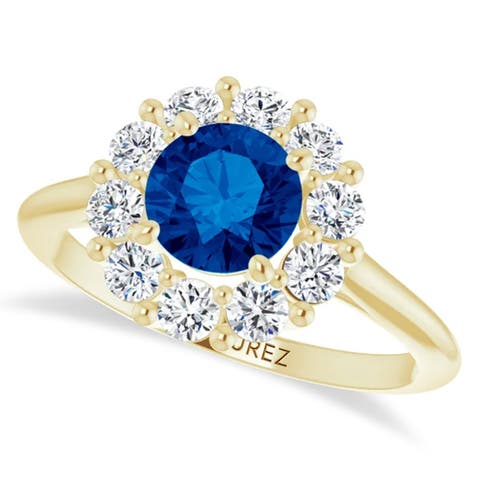 Round Lab Blue Sapphire & Diamond Halo Ring 14K