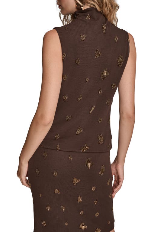 Donna Karan New York Embroidered Bead Sleeveless Funnel Neck Top In Brown