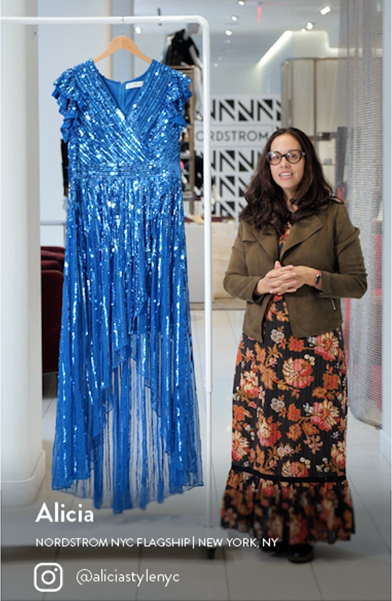 Sequin Ruffle Sleeve Faux Wrap Gown, sales video thumbnail