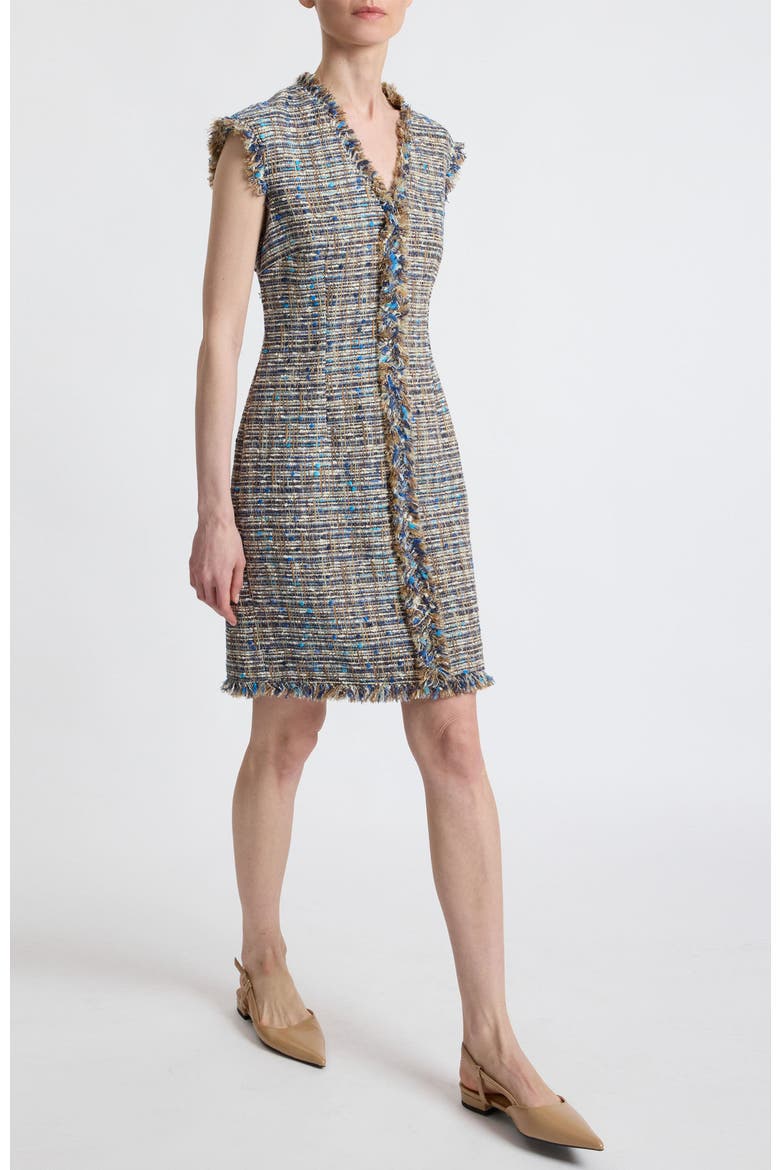 Tuscany Cap Sleeve V-Neck Sheath Tweed Dress, Alternate, color, Indigo