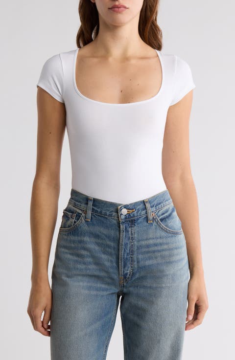 Square Neck Cap Sleeve Stretch Cotton Bodysuit