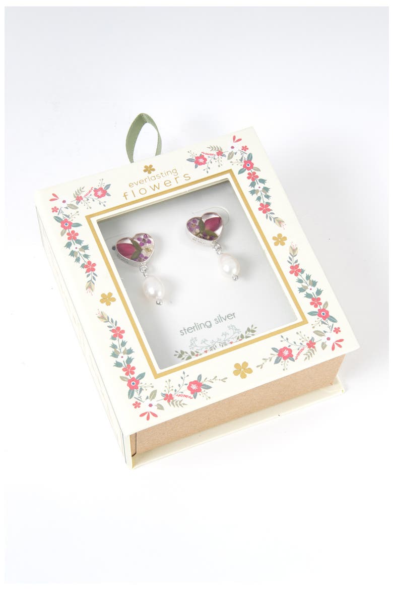 Dried Flowers & Cultured Pearl Heart Drop Earrings, Alternate, color, SILVER