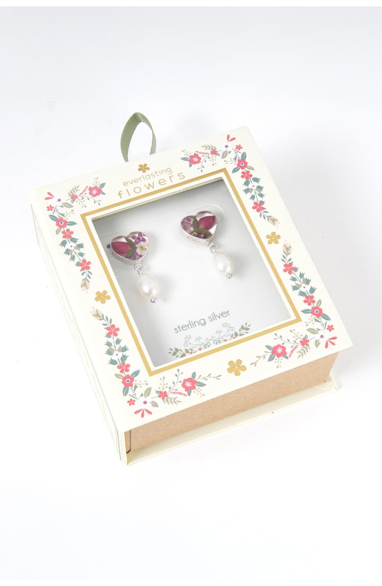 ATHRA LUXE Dried Flowers & Cultured Pearl Heart Drop Earrings, Alternate, color, Silver
