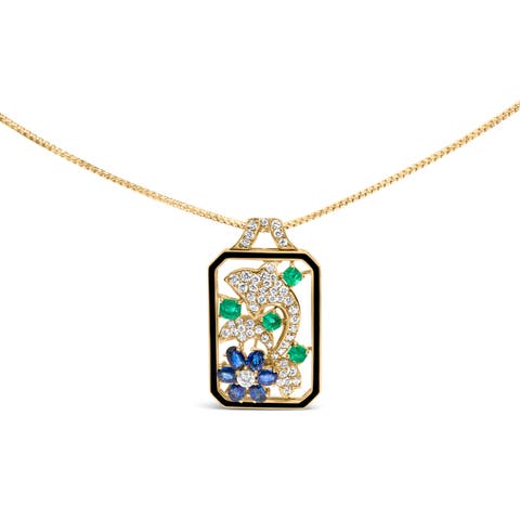 18K Gold 2 1/3 Cttw Diamond Sapphire & Emerald Dog Tag Pendant Necklace & Brooch