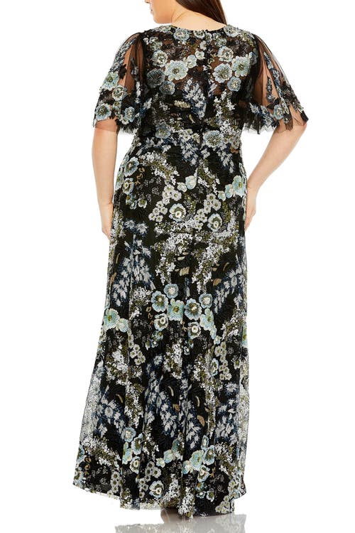 Mac Duggal Sheer Sleeve V Neck Floral Embroidered Gown In Black Multi
