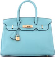 Pre-Owned Hermes Birkin Handbag Blue Clemence with Gold Hardware 30