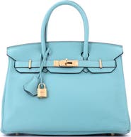 Pre-Owned Hermes Birkin Handbag Blue Clemence with Gold Hardware 30
