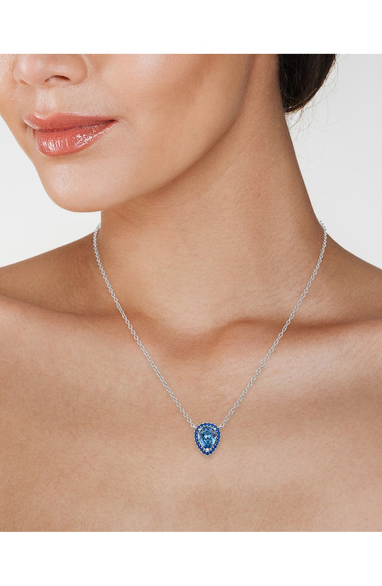 CZ by Kenneth Jay Lane Blue Pear Cut Cubic Zirconia Halo Pendant Necklace, Alternate, color, Aqua/ Clear Silver